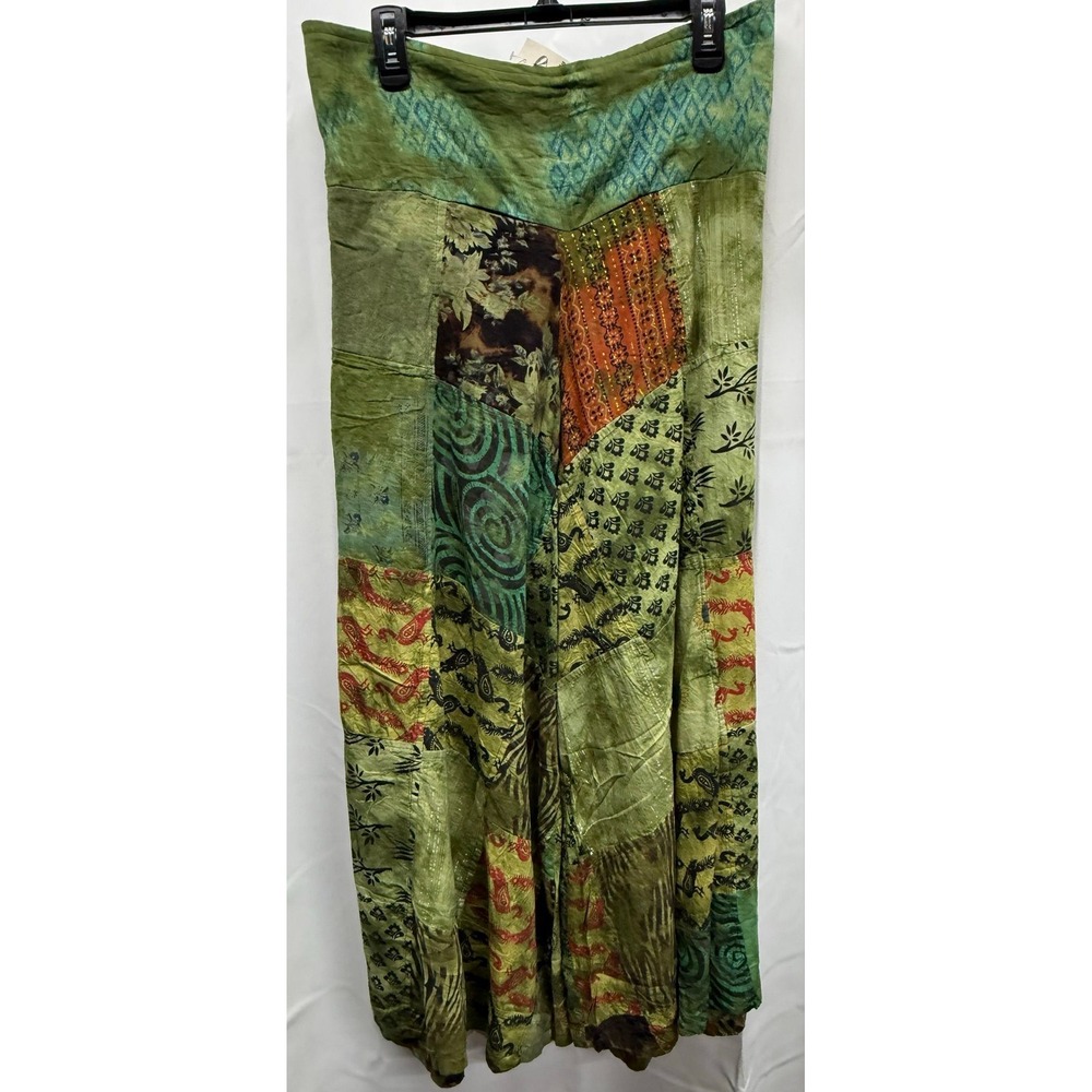 CD84 NWT Kathmandu Imports Sz M/L Green Cropped Wide Leg Sunflowers & Peacocks
